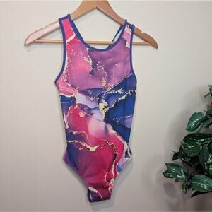 Modafans Girls Gymnastics Leotard – Marble Print, Size 2XL (12–13Y)
